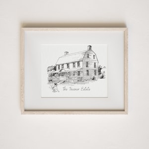 Op de afbeelding: Een zwart-witte lijntekening van een huis met een veranda en de tekst "The Towner Estate".