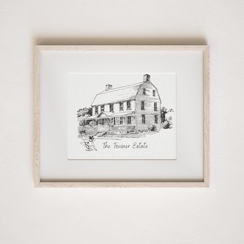 Op de afbeelding: Een zwart-witte lijntekening van een huis met een veranda en de tekst "The Towner Estate".