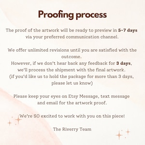 May include: Text on a peach background with brown text explaining the proofing process for artwork. The text says "Proofing process" and includes information about the time it takes to receive a proof, unlimited revisions, and a 3-day deadline for feedback. The text also includes the phrase "The Riverry Team".