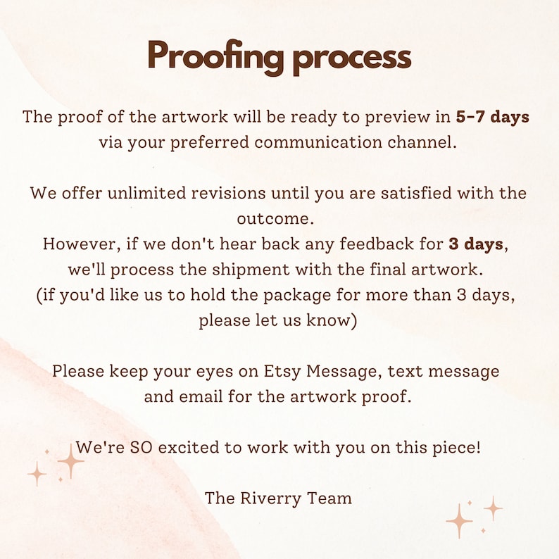 May include: Text on a peach background with brown text explaining the proofing process for artwork. The text says "Proofing process" and includes information about the time it takes to receive a proof, unlimited revisions, and a 3-day deadline for feedback. The text also includes the phrase "The Riverry Team".