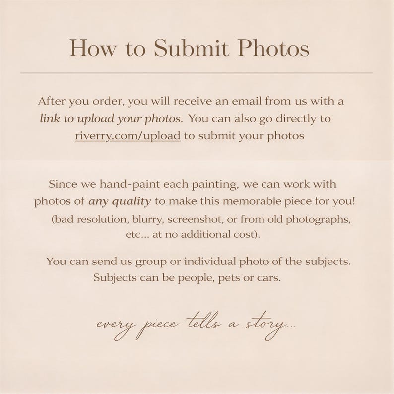 以下が含まれることがあります： How to Submit Photosというタイトルのダークブラウンの文字が書かれたベージュの案内カード。手描きポートレートのためにriverry.com/upload経由で写真をアップロードする手順を説明しており、人物、ペット、車の写真であれば画質を問わず受け付けている。
