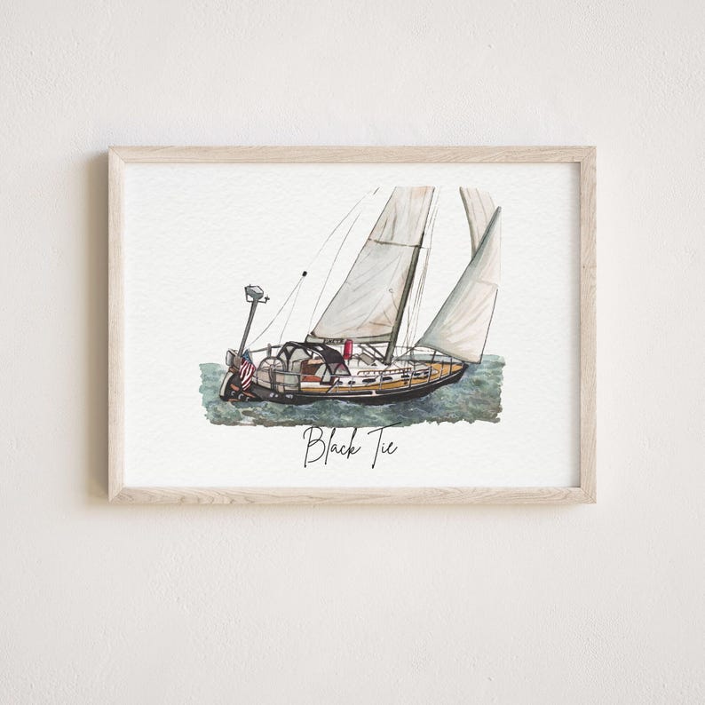 May include: A watercolor painting of a sailboat with white sails and a brown hull. The boat is named "Black Tie" and is on the water.