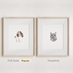 May include: Two framed prints featuring watercolor illustrations of pets. The left frame displays a full-body Cavalier King Charles Spaniel, labeled Full-body Popular. The right frame shows a gray cat headshot, labeled Headshot.
