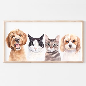 May include: A watercolor painting of four pets: a brown and white dog, a black and white cat, a brown tabby cat, and a light brown dog. The pets are all looking at the camera.