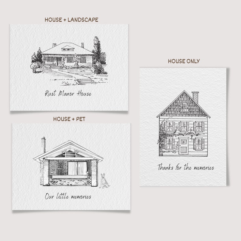 Op de afbeelding: Drie verschillende illustraties van huizen. De eerste illustratie toont een huis met een landschap, de tweede toont een huis met een huisdier en de derde toont een huis alleen. De eerste illustratie heeft de tekst "Rust Manor House". De tweede illustratie heeft de tekst "Our little memories". De derde illustratie heeft de tekst "Thanks for the memories".
