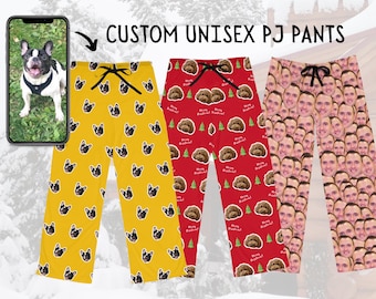 Pantalones de pijama unisex personalizados, Pantalones de sudor de la foto, Pantalones PJ para Navidad, Pantalones de pijama fotográficos, Regalo de Acción de Gracias, Estampado de pijama facial