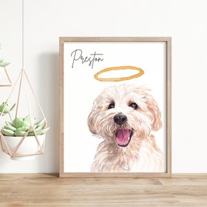 May include: A watercolor painting of a white dog with a halo above its head. The dog is smiling and has its tongue sticking out. The painting is titled "Preston".