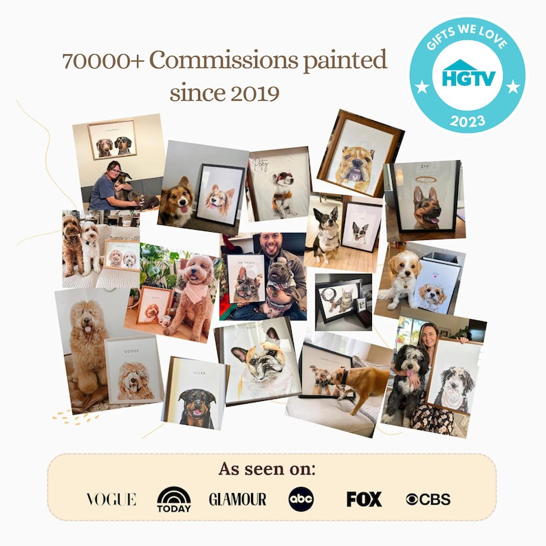 May include: A collage of images showcasing custom pet portraits painted in watercolor. The images feature various dog breeds in different poses and settings. The text "70000+ Commissions painted since 2019" and "As seen on: VOGUE TODAY GLAMOUR abc FOX CBS" is also included in the collage.