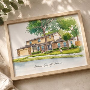 May include: Watercolor painting of a two-story house with a light brown wooden frame. The house has a beige exterior, a dark roof, and a green lawn. The text "Home Sweet Home" is written in cursive below the house.