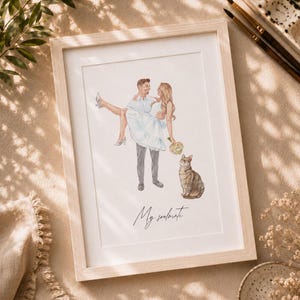 May include: A framed watercolor illustration featuring a person in a light blue shirt and gray trousers carrying another person in a white dress and white heels, with a brown tabby cat and the handwritten text My soulmate below the figures.
