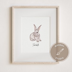 May include: A watercolour illustration of a grey rabbit with pink ears and nose. The rabbit is sitting on a white background with the name "Tinkerbelle" written below it. The image is framed in a light wood frame with a brown circle in the bottom right corner that says "Riverry Studio" with a paintbrush icon.