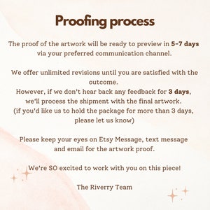 May include: Text on a peach background with brown text explaining the proofing process for artwork. The text states that the proof will be ready in 5-7 days and that unlimited revisions are offered. It also states that if no feedback is received within 3 days, the shipment will be processed. The text also includes the phrase "The Riverry Team".