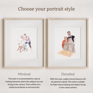 May include: Two framed watercolor portraits with the text Choose your portrait style at the top. The left portrait shows a person cutting another person's hair, labeled Minimal. The right portrait shows two people in aprons, labeled Detailed.
