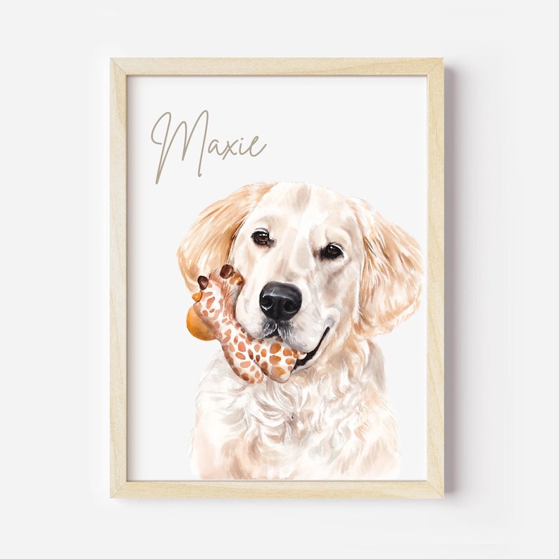 May include: A watercolor painting of a golden retriever dog named Maxie, holding a giraffe-shaped toy in its mouth. The dog is looking directly at the viewer with a happy expression.