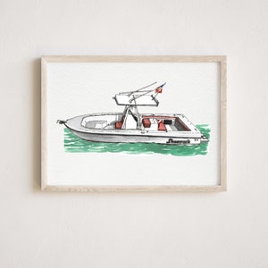 May include: A watercolor illustration of a white boat with a red and white American flag on the top. The boat is in the water and the name "Shamrock" is written on the side.
