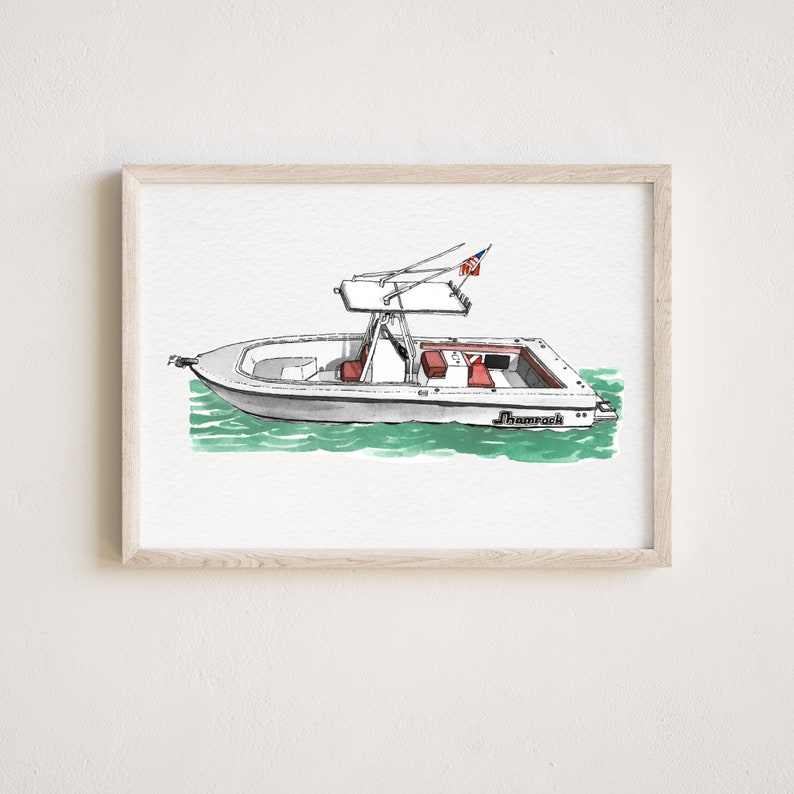 May include: A watercolor illustration of a white boat with a red and white American flag on the top. The boat is in the water and the name "Shamrock" is written on the side.