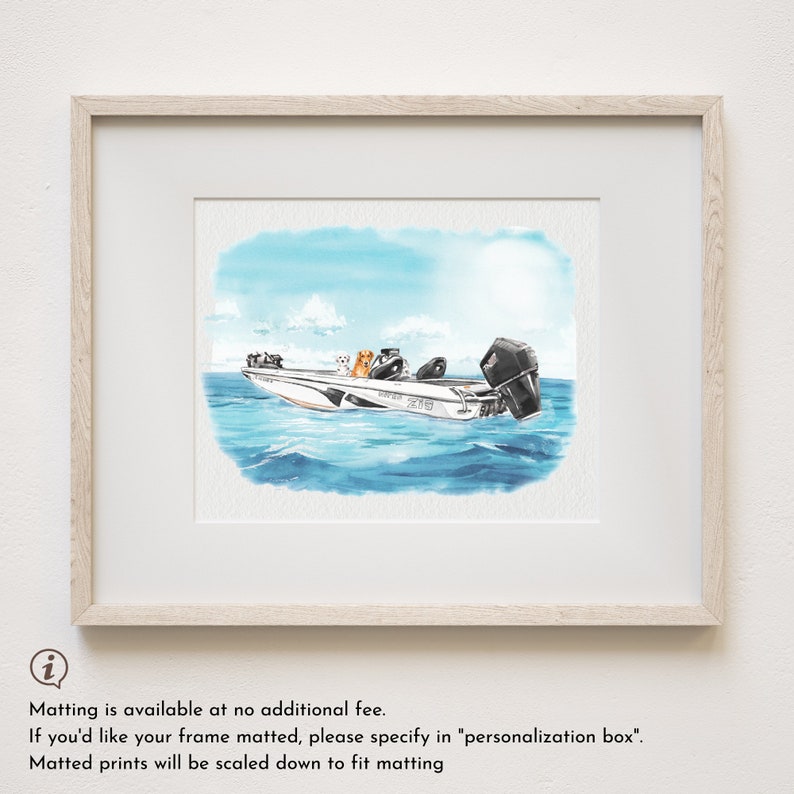 May include: Watercolor painting of a white fishing boat with four dogs on board. The boat is on a blue body of water with a light blue sky in the background. The dogs are sitting in the boat, looking out at the water.