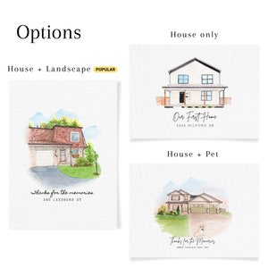 May include: Watercolor illustrations of houses with options for house only, house with landscape, and house with pet. The text includes "Our First Home" and "Thanks for the memories" with addresses. The "House + Landscape" option is labeled "POPULAR".