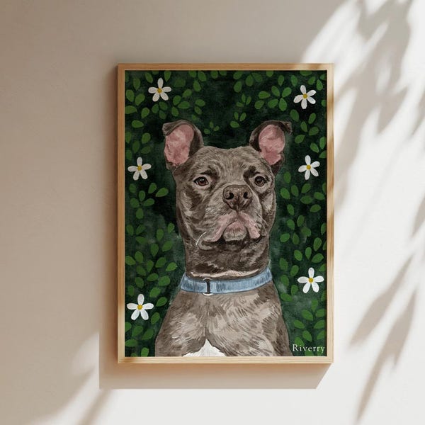 Custom Watercolor Pet Portrait Print, Dog Portraits From Photo, Pet Portrait with Pattern, Personalized Pet Portrait, Floral Pet Portrait