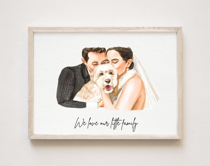Personalized Couple Portrait with Pet,Custom Watercolor Painting Print, Family Portrait, Custom Portrait From Photo, Portraits From Photos,
