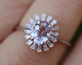 Genuine Oval 1ct Lilac Sapphire Ring-Natural Diamond Baguette Halo Promise Ring-Light Purple Pink Sapphire Solitaire 14k White Gold Ring