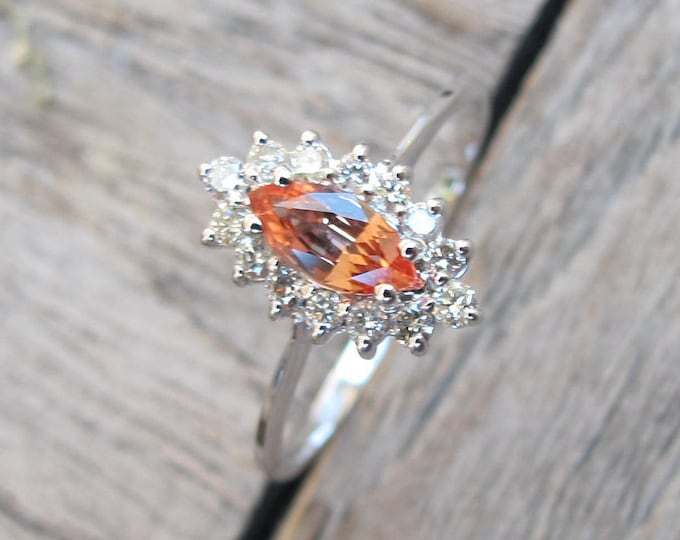 Marquise Orange Pink Sapphire Promise Ring for Her- Sapphire Halo Diamond Dainty Ring- Genuine Natural Simple Sapphire 10k White Gold Ring