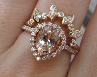Solid 14k Gold Teardrop Genuine Morganite Halo Bridal 2 Ring with Sunburst Wedding Band