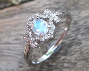 Antique Moonstone Dainty Promise Ring- Oval Moonstone Diamond Deco Ring- Moonstone White Gold Ring- Moonstone Anniversary Ring