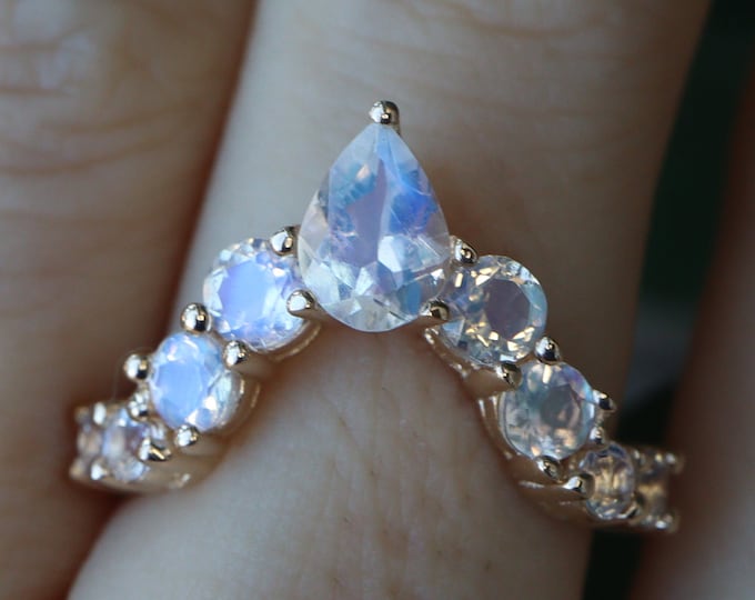 Round Pear Moonstone Contour Wedding 14k Gold Band- Genuine Moonstone Curved Prong White Gold Band- Natural Moonstone 18k Rose Gold Band