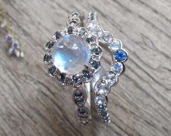 Antique Moonstone Sapphire 2 Ring Set- Round Moonstone Halo Vintage Engagement Rings- Moonstone White Gold Bridal Ring with Wedding Band