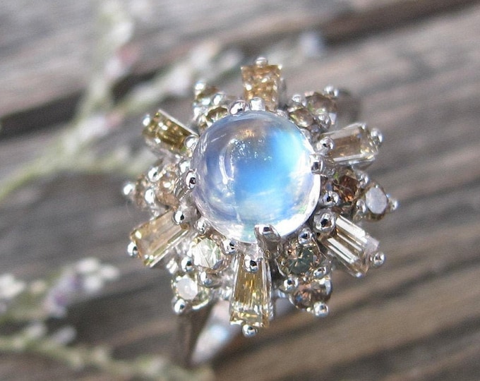 Moonstone Halo Diamond Deco Engagement Ring-Blue Moonstone Vintage Promise Ring-Baguette Round Cab Moonstone Antique Ring-White Gold Ring