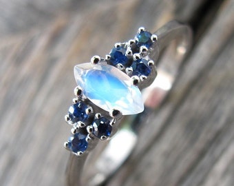 Antique Moonstone Dainty Promise Ring- Marquise Moonstone Sapphire Deco Ring- Moonstone White Gold Ring- Moonstone Anniversary Ring