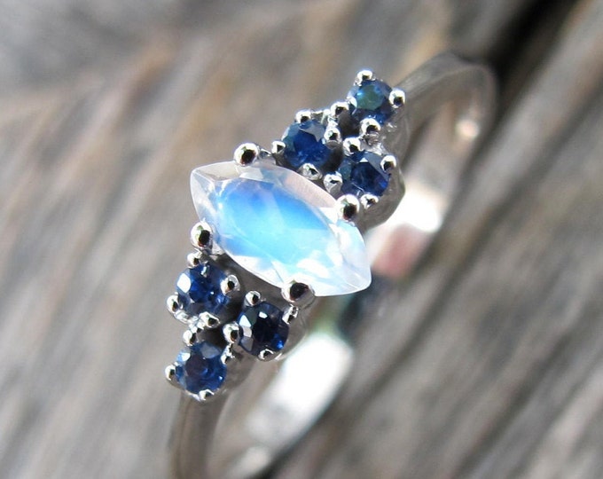Antique Moonstone Dainty Promise Ring- Marquise Moonstone Sapphire Deco Ring- Moonstone White Gold Ring- Moonstone Anniversary Ring