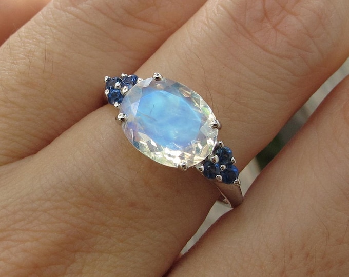 Oval Genuine Moonstone Blue Sapphire Three Stone Ring in 14k White Gold
