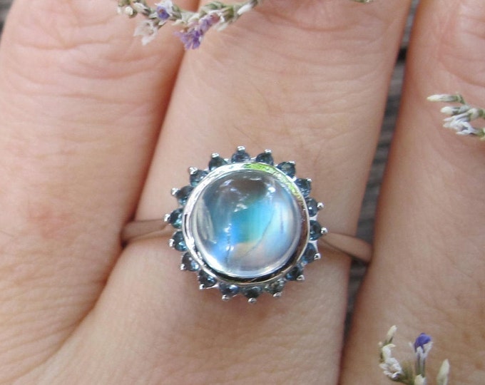 Moonstone Halo Sapphire Promise Ring for Her- Round Cabochon Blue Moonstone Engagement Ring- 1.50ct Moonstone White Gold Solitaire Ring