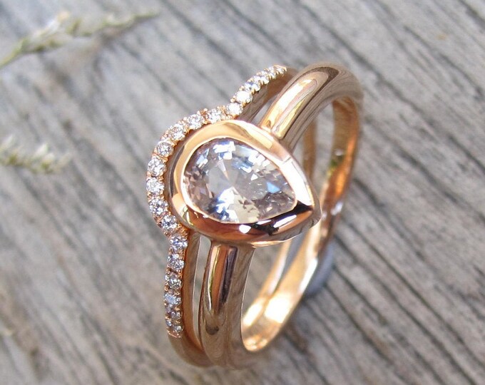 0.90ct Genuine Teardrop White Sapphire 2 Ring Set- Pear Sapphire Rose Gold Ring w/ Diamond Wedding Band- Simple Colorless Bridal Ring Set