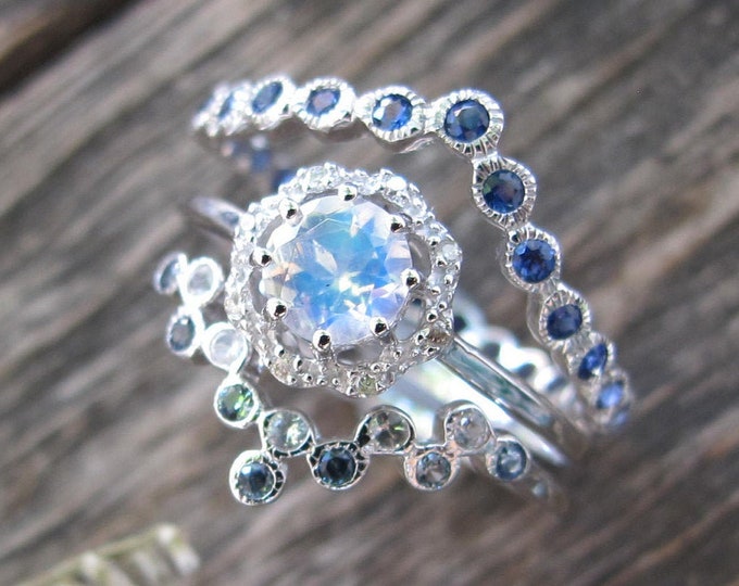 Unique Moonstone Sapphire Diamond 3 Ring Set- Round Moonstone Halo Engagement Ring Set- Moonstone White Gold Ring w/ 2 Sapphire Wedding Band