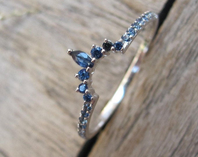 Genuine Blue Sapphire Dainty Curved Band- Natural Blue Sapphire Contour Nesting Petite Band- Stackable Solid Gold Sapphire Band