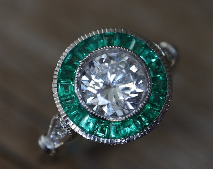 Halo Genuine Colombian Emerald Moissanite Deco Engagement Ring- Genuine Natural Baguette Solitaire Vintage Ring- Alternative Promise Ring