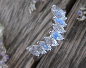 Blue Moonstone Cluster Deco Wedding Band- Moonstone Marquise Contour Vintage Band- Women V Curved Nesting Band- Stackable Pairing Band