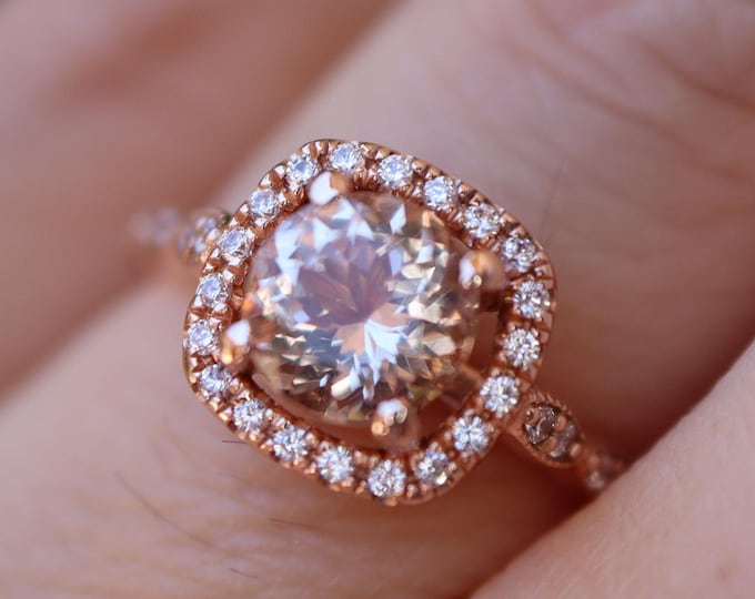 Genuine 6mm Round Peach Morganite Halo Engagement Ring- Natural Morganite 4 Prong Square Solitaire Ring- Deco Milgrain Vintage Promise Ring