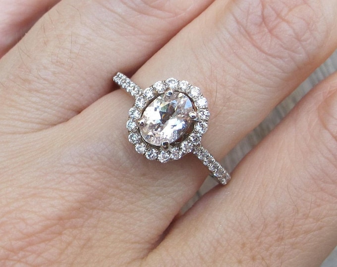0.95ct Genuine Peach Sapphire 14k White Gold Ring- Oval Natural Light Peach Sapphire Halo Diamond Ring- Colorless Clear Engagement Ring