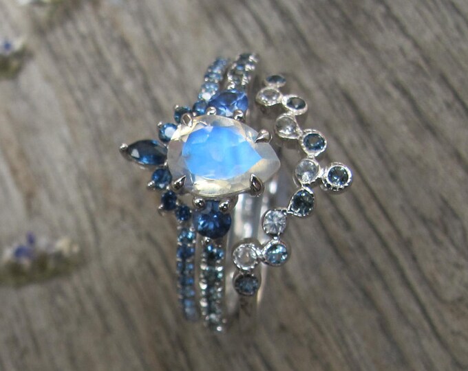 Teardrop Genuine Moonstone Sapphire Engagement Ring Set- Pear Blue Moonstone Bridal 2 Dainty Ring Set- 7x5 Moonstone White Gold Ring w/ Band