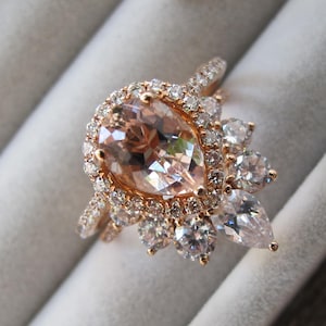 Solid 14k Gold Genuine Morganite Halo Bridal 2 Ring Set- Large Teardrop Natural Morganite Halo Engagement Ring Set with Curved Wedding Band