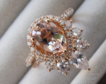 Solid 14k Gold Genuine Morganite Halo Bridal 2 Ring Set- Large Teardrop Natural Morganite Halo Engagement Ring Set with Curved Wedding Band