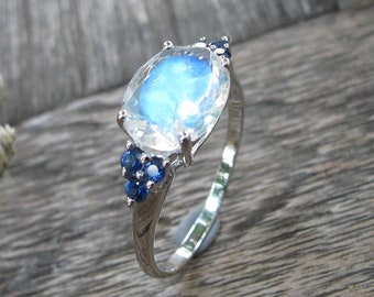 Oval Genuine Moonstone Sapphire Engagement Ring- Blue Moonstone Promise Ring for Her- Moonstone White Gold Ring- Moonstone Anniversary Ring