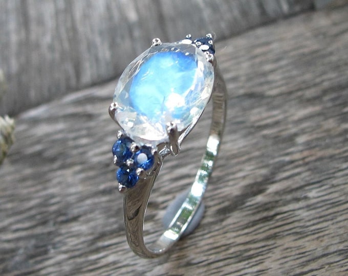 Oval Genuine Moonstone Sapphire Engagement Ring- Blue Moonstone Promise Ring for Her- Moonstone White Gold Ring- Moonstone Anniversary Ring