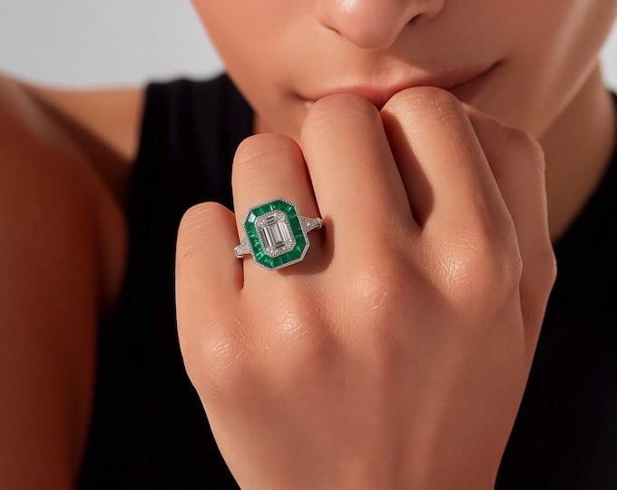 Genuine Green Emerald Halo with Emerald Cut Moissanite Deco Milgrain Solitaire Ring