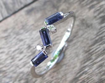 Genuine Iolite Deco Wedding Band- Natural Iolite Baguette Nesting Band- Iolite Diamond Stackable Ring