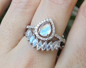 Teardrop Moonstone Halo Engagement 10k White Gold Ring Set